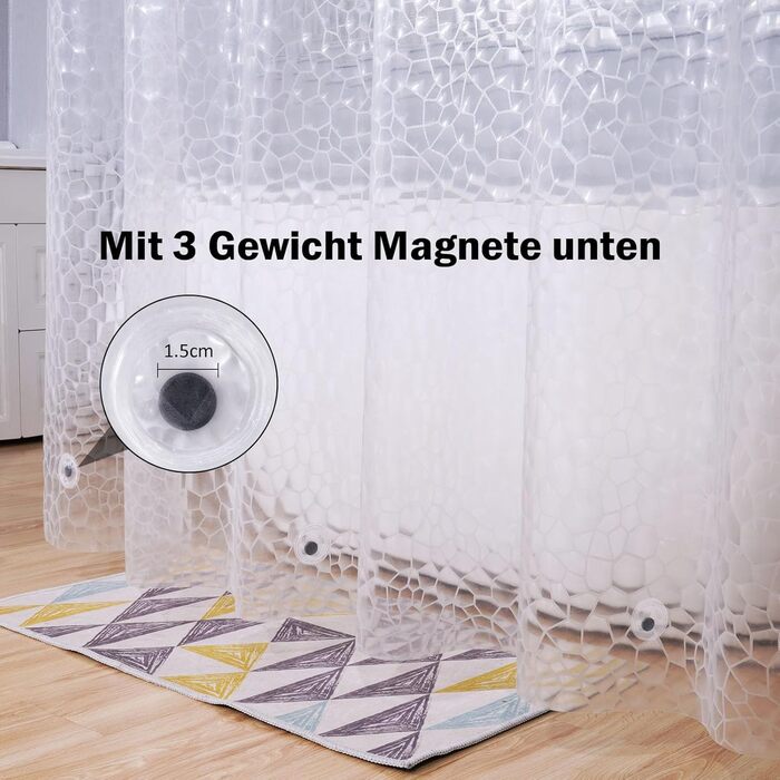 Прозорий душовий завіс AooHome 180x200 см з 5 магнітами, антигрибковий, водовідштовхувальний, з 12 кільцями, шестикутний малюнок для ванни та душу