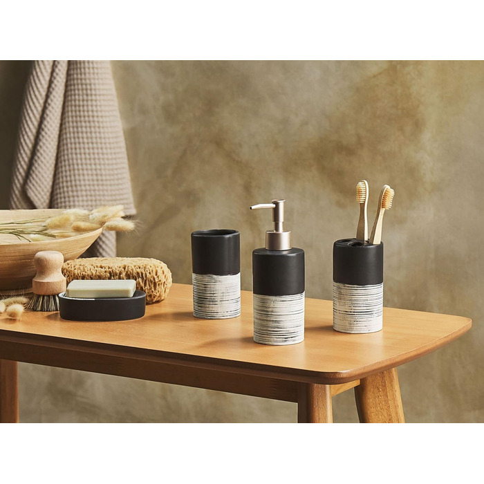 Bathroom set black/beige 4-piece made of natural stone Dolomite, striped Coro