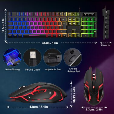 Ігровий набір клавіатури та миші QWERTZ DE, RGB підсвітка, ергономічна миша, великий килимок, USB для PC, PS4, Xbox