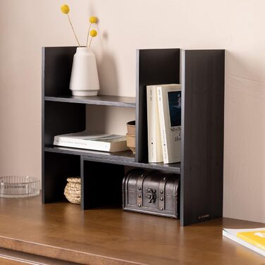 Navaris Acacia Desk Organizer 64x15.5x40 - Desk Shelf Organization System Adjustable - Corner Shelf for Kitchen Office Bathroom Shelf Attachment - Natural (Black)
