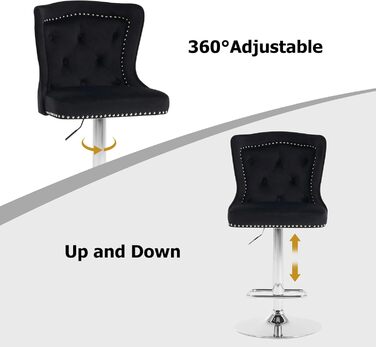 KHISCHMO Velvet Bar Stools 2-Pack - Modern Adjustable Kitchen Counter Barstools with Lion Paw Pulls - 360° Swivel, Black