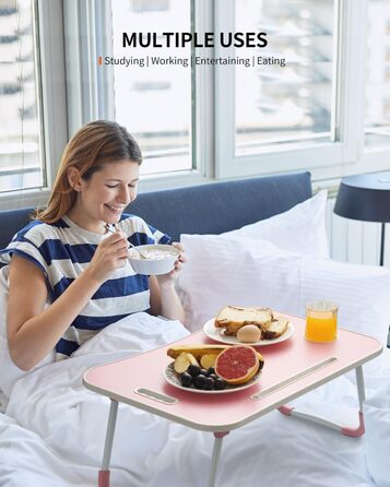 Складаний столик для ноутбука, портативний столик на колінах, приліжковий столик, підставка для ноутбука з тримачем для напоїв та слотом для планшета, рожевий