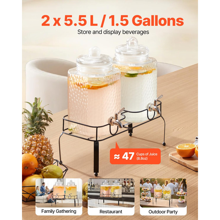 Диспенсер для напоїв VEVOR (2 x 5,5 л) з металевим підставкою, скляний сокодиспенсер з антикрапельним краном, для ресторанів, вечірок, приготування домашніх напоїв