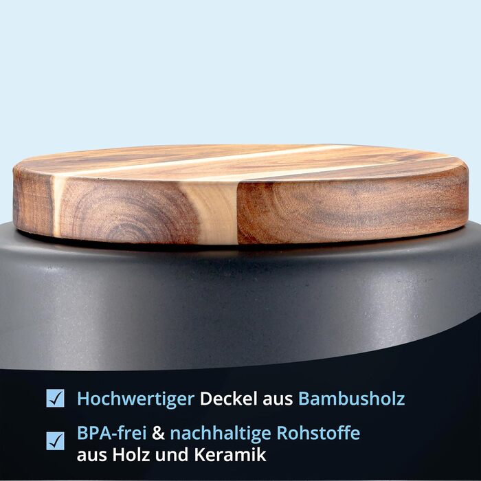 Набір контейнерів для зберігання KHG для кухні антрацитово-сірого кольору з дерев'яною кришкою, контейнери для продуктів з кераміки, стеінгуту, поліровані, з маркуванням, набір органайзерів для кухні, без пластику та світлонепроникні (набір для картоплі, 