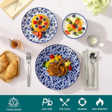 Набір посуду на 6 осіб Vancasso Selene 24-частинний: тарілки, супові тарілки, салатники, миски. Керамічний сервіз з порцеляни, блакитно-білий.