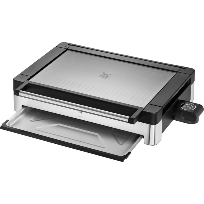 WMF Lono Electric Table Grill with Glass Lid - Non-Stick Coated Plate, Removable Drip Tray, Dishwasher Safe, Matte Stainless Steel, 2200W Single