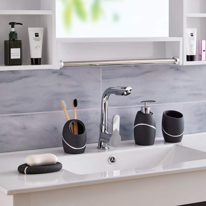 ZCCZ Bathroom Set – 4-Piece Organizer Set with Toothbrush Holder, Soap Dispenser, Cosmetic Dish, and Cotton Swabs – Elegant Stone-Look Decor, Black for Modern Bathroom