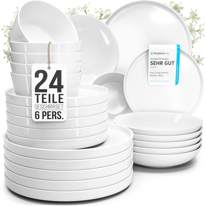 Набір посуду з порцеляни Pure Living 24 шт. для 6 осіб (білий)