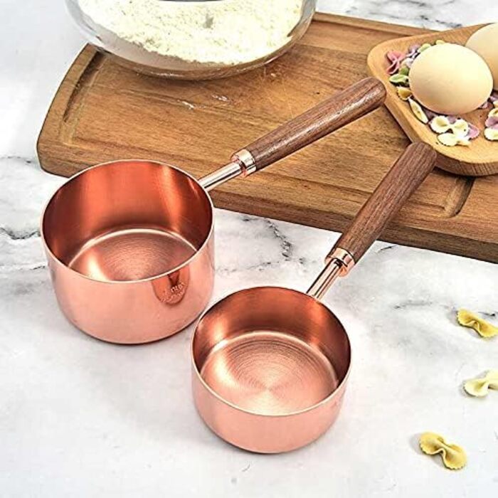 FBHappiness 4-Piece Stainless Steel Measuring Cup Set with Wooden Handle, Measuring Spoons, Gold-Plated Measuring Spoon Set for Baking in the Kitchen (Size: Measuring Cup) (Measuring Cup in Rose Gold)