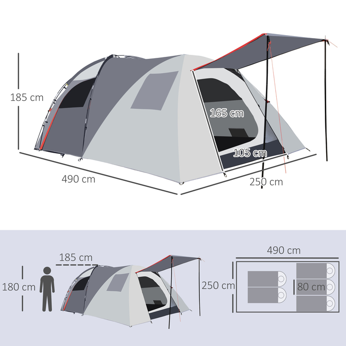 Outsunny 5-Person Tent - Tunnel Tent with Bedroom, Carry Bag, 2000mm Water Column, Mesh Windows, Grey | Aosom