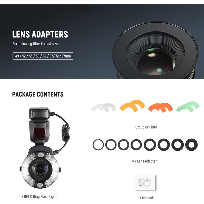 NEEWER RF1-S: Кольцевий спалах для Sony, Canon - 76W, GN15, 5600K, TTL, для макрозйомки та студійного освітлення