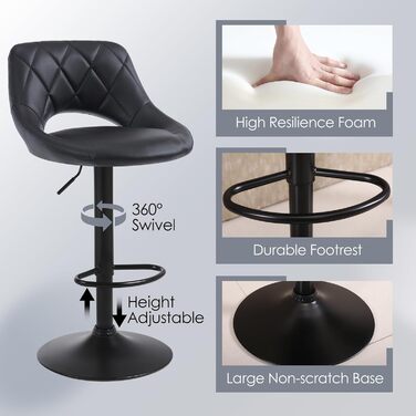 Chummaven 2-Piece Adjustable Bar Stools with Backrest - Faux Leather Kitchen Bar Stools with Chrome Footrest - Padded Barstools for Home Bar, Black