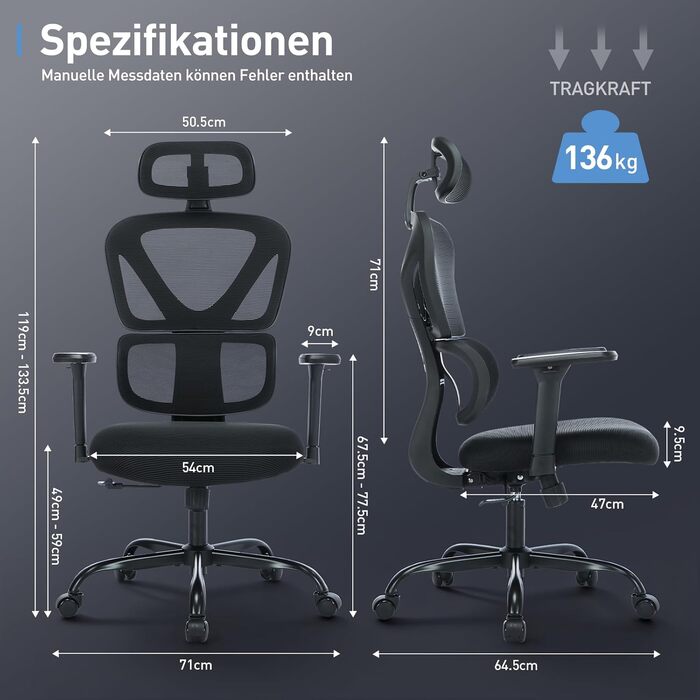 Коламі - Ергономічне крісло для офісу та дому, чорне, з регульованою підголівником та підлокітниками