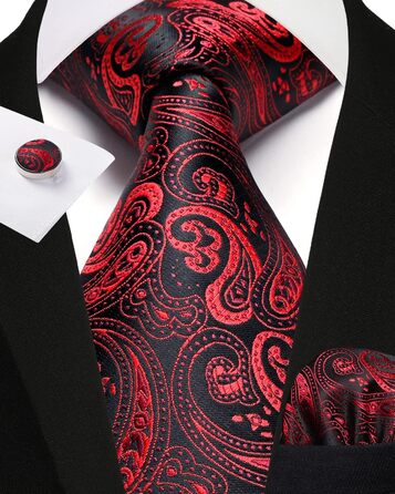 Чоловіча краватка Enlision Paisley, комплект з нагрудною хусткою та запонками, формальна, бізнес, червоно-чорна