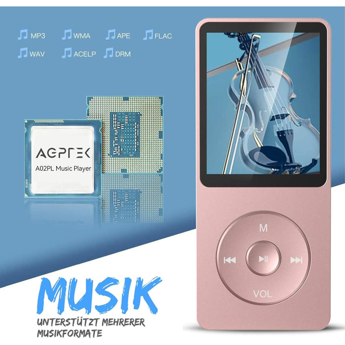MP3 плеєр AGPTEK 64GB HiFi музичний плеєр з часом роботи до 70 годин, підтримка карт пам'яті до 128 ГБ, легкий та компактний, рожевий