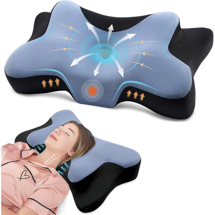 Подушка для шиї DONAMA, подушка для сну з піною з пам'яті, для тих, хто спить на боці, спині та животі, блакитний+чорний, 66×37×13 см