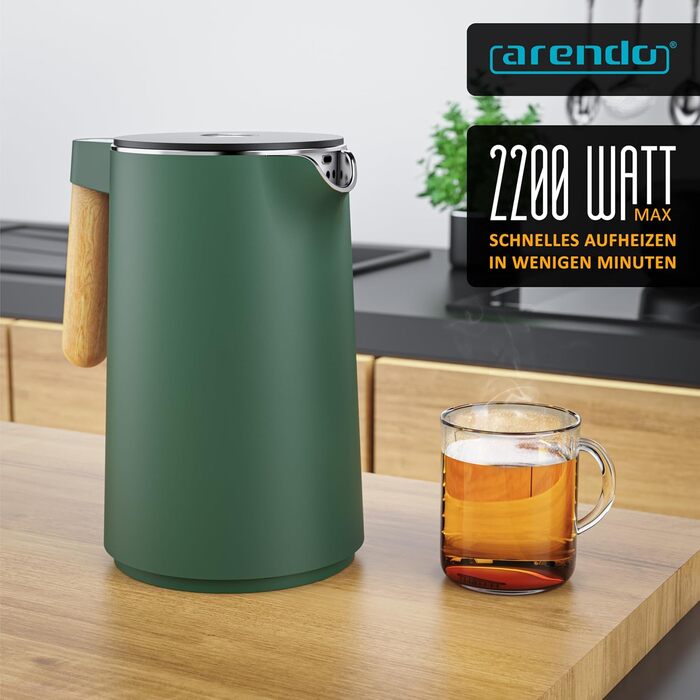Електричний чайник Arendo з регулюванням температури (45°C-100°C), 1.5 л, з подвійними стінками, без BPA, з функцією підтримання тепла, зелений