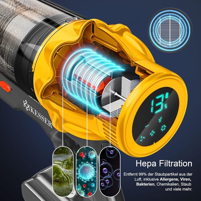 Бездротовий акумуляторний пилосос KESSER® з LED дисплеєм, до 70 хв роботи | Бездротовий пилосос без мішка з антизаплутувальною насадкою для твердих поверхонь, килимів та шерсті тварин (Помаранчевий / Жовтий)