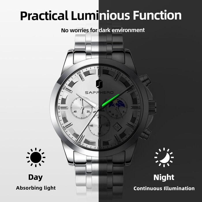 Годинник BENYAR для чоловіків: Хронограф, аналоговий кварц, водостійкий, з датою. Елегантний бізнес-стиль, ідеальний подарунок. Срібний браслет, біле циферблат.