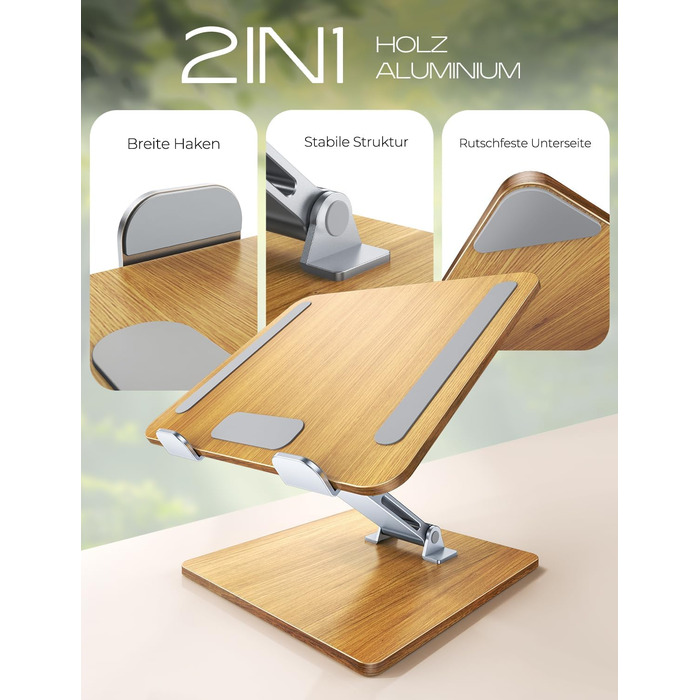 Підставка для ноутбука Holz + Aluminium, регульована, ергономічна, сумісна з MacBook Pro/Air, 10-16