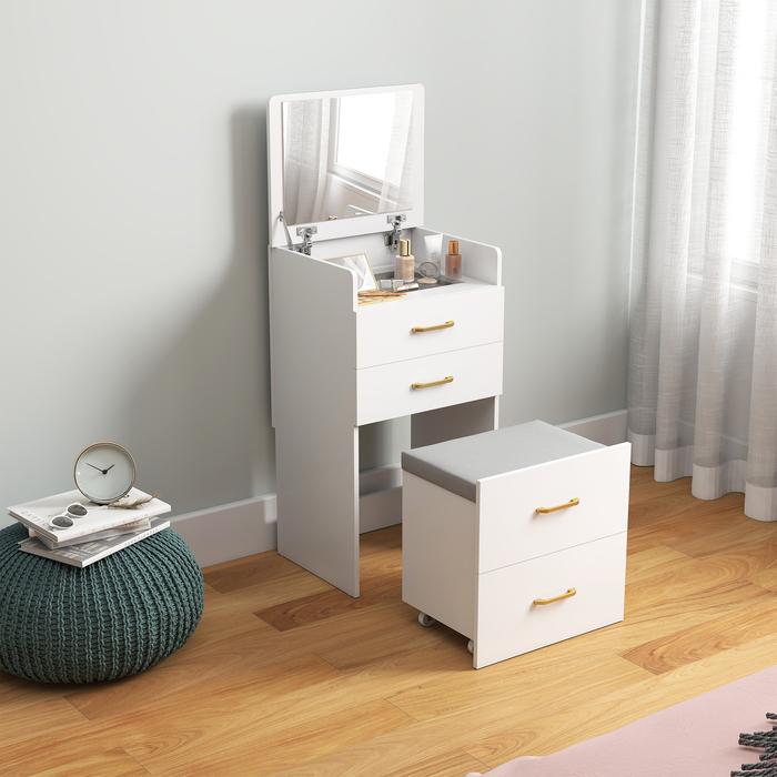 HOMCOM 3-in-1 Vanity Table with Mirror, Nightstand, Rolling Stool, Drawers, White