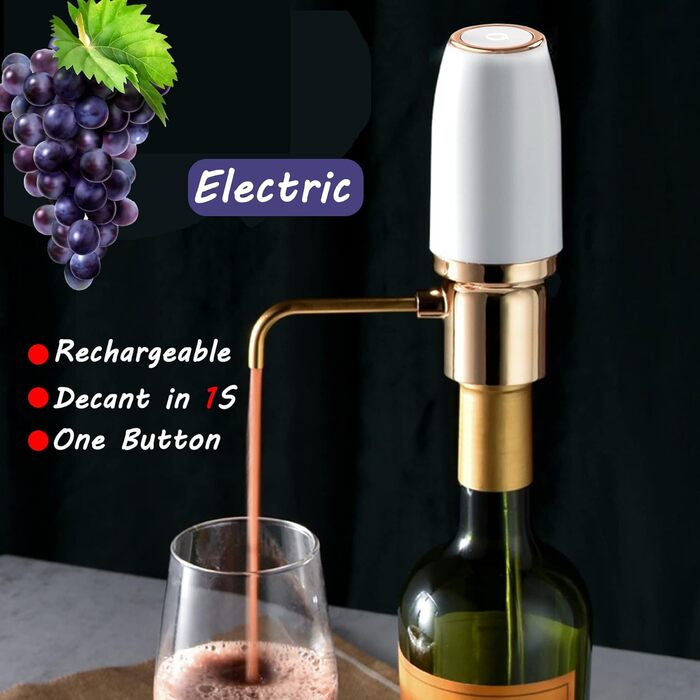 Electric Wine Aerator Pourer, Portable One-Touch Wine Decanter and Wine Dispenser Pump for Red and White Wine Multi-Smart Automatic Wine Oxidation Dispenser, USB Rechargeable (White)