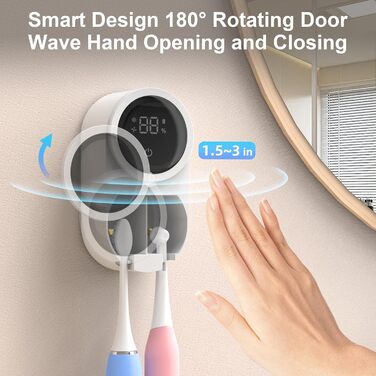 Biodzzs Wall-Mounted Toothbrush Holder and Cleaner, Intelligent Light Cleaning and Fan Drying, Automatic Rotating Cover, Toothbrush Case with Digital Display, Portable, Blue (01 White)