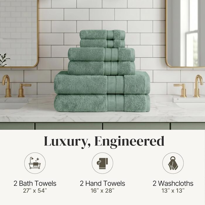 Набір рушників Amrapur Spun Loft (6 шт), 100% гребінна бавовна, суперпоглинаючі та м'які, 600 г/м², колір евкаліпт, 68x137 см