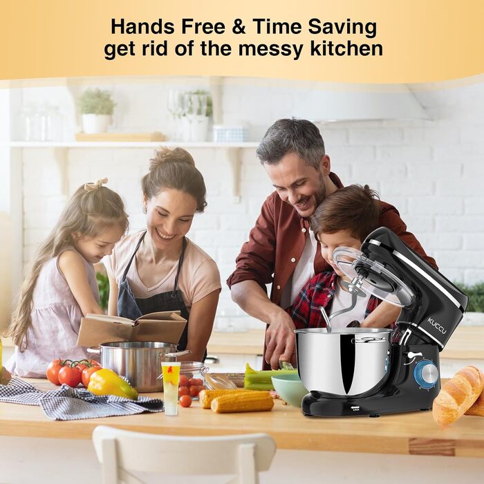 Кухонний комбайн-міксер 1500W з чашею з нержавіючої сталі 7Л, планетарний міксер для тіста з 6 швидкостями та набором насадок (гак, вінчик, міксер), чорний