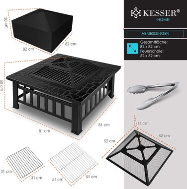 Вогнище KESSER 3в1 з грилем та щипцями, металева жаровня 82x82x50 см для саду та тераси, захисний чохол, кочерга, іскрозахист