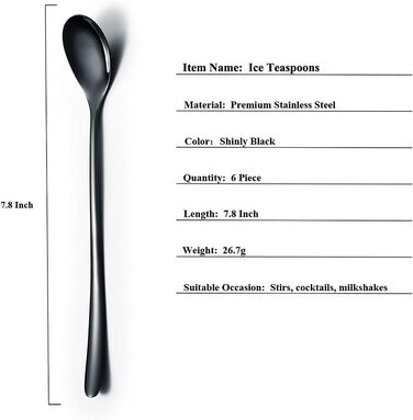Набір ложок HOMQUEN (6 шт.) з нержавіючої сталі, чорного кольору: для кави, коктейлів, чаю та морозива