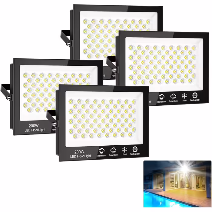 Sararoom LED Floodlights Outdoor 10000LM LED Floodlight, 156 Cold White 6500K Floodlights Spotlights Outdoor Floodlights for Garden Garage Yard Driveway Doors Hallway, 2-Pack (4 Pieces, 200W)
