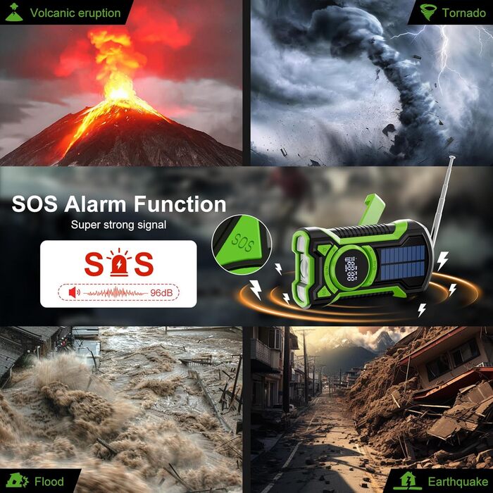 Радіо на сонячній батареї та ручному приводі Gemmac 5000mAh з Bluetooth, USB AM/FM, Power Bank, SOS-сигналом, ліхтариком – для кемпінгу та виживання (Зелений)