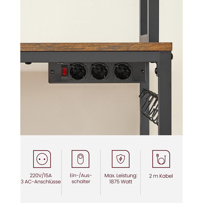 Стелаж кухонний VASAGLE з розетками, для мікрохвильової печі, з решіткою, 14 гачків, антрацит-чорний, 40x60x170 см, вінтажний коричневий + чорний