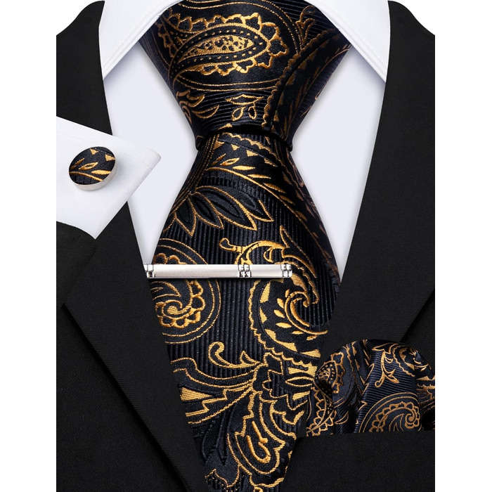 Набір краватки, кишенькового хустинки та запонок Barry.Wang: Шовкова краватка з квітковим візерунком Paisley, чорно-золота, для весілля та свят