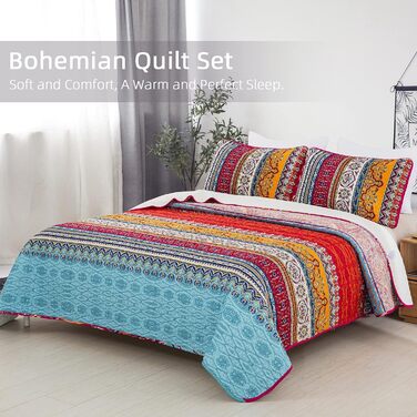WONGS BEDDING Quilt Set 220x240 Bedspread Bohemian Throw Blanket Stepped Quilt 3-Piece Double Bed Quilted Bedspread Microfiber Living Room Blanket with 2 Pillowcases 50x70 for Bedroom as Sofa Throw (Bohemian)
