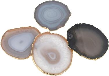 mookaitedecor Polished Natural Geode Agate Slices Coasters Set (2 Pieces), Decorative Stone Coasters for Glasses, Cups, Vases, Candles, Serving Plates, Name Cards for Wedding (Natural Color-Gold Accented Edge)