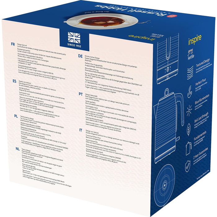 Електричний чайник Russell Hobbs Inspire 1.7л, 2400W, сірий, з високоякісною глянцевою поверхнею, з функцією швидкого кип'ятіння, знімний фільтр від накипу, індикатор рівня води, знімний кришка