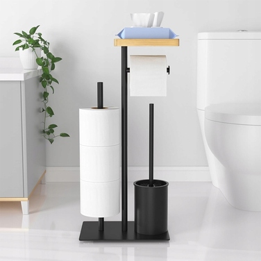 Набір для ванної кімнати: підставка для туалетного паперу з полицею та йоржик для унітаза, чорний метал, Interior