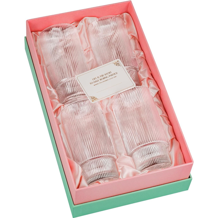 GLASSIQUE GIFT Vintage Art Deco Collins Gin Longdrink Ribbed Cocktail Glasses | 4-Piece Set | 400 ml Slim Tall Ribbed Highball Longdrink Glasses for Mojito Cocktails