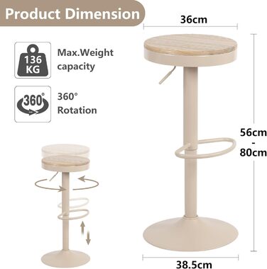YOUNIKE Adjustable Bar Stools 2-Pack - Wooden Swivel Counter Height Chairs with Footrest for Kitchen & Bar (Vintage, Khaki)