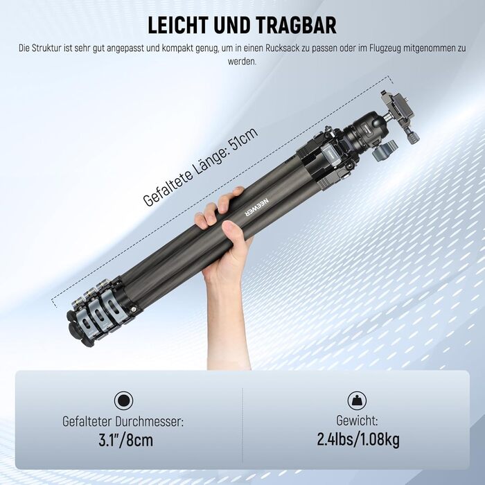 Карбоновий штатив Neewer LT36 (184 см) з кулястою головкою 360°, легкий трипід для відеокамер та фотоапаратів, Arca-Swiss QR-платформа, сумісність з Peak Design Capture V3