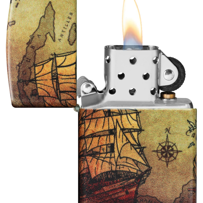 Запальничка ZIPPO із зображенням піратського корабля, 540° кольоровий принт, біла матова, багаторазова, у подарунковій коробці