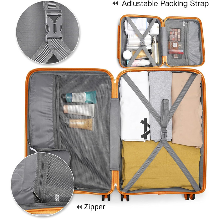 Чемодан для ручної поклажі з 4 колесами, оранжевий, з TSA-замком та YKK-блискавкою, з косметичкою