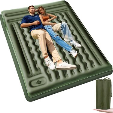 Airminti Self-Inflating Camping Mat - 12cm Thick, Lightweight Air Mattress with Foot Pump & Pillow - Outdoor Sleeping Pad for Camping, Trekking, Beach & Festival - Compact, Army Green (2 Person)