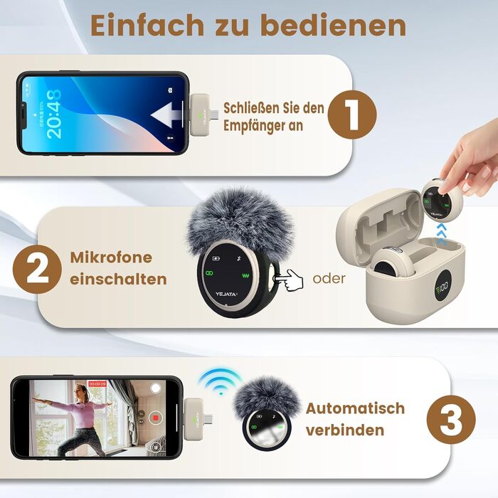 Мікрофон 2-в-1 для iPhone та Android з шумозаглушенням, кейс на 40 годин, магнітна застібка та кріплення для інтерв'ю, 25 метрів (Бежевий)