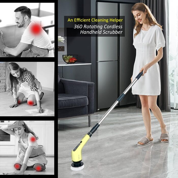 Electric Cleaning Brush, FARI Shower Cleaning Brush with 8 Interchangeable Drill Brush Heads, Cordless Scrubber with Adjustable Handle, Bathroom and Shower Cleaner (Yellow)