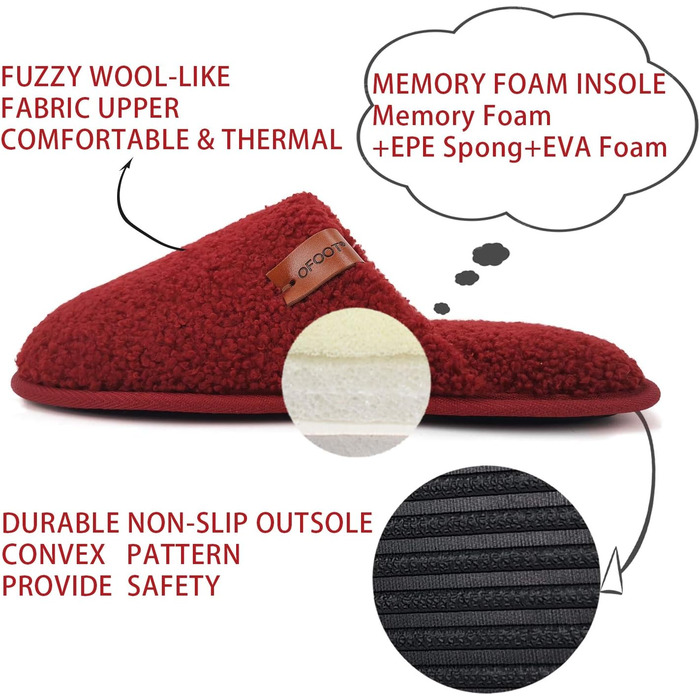Жіночі теплі пухнасті домашні тапочки Oofot з пам'яттю піни, антиковзкі гумові підошви, 39/40 EU, Червоний