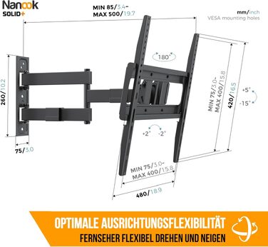 Настінний кронштейн для ТБ Nanook SOLID+ поворотний та нахильний, для телевізорів 40-77 дюймів, VESA 600x400, до 45 кг, універсальний