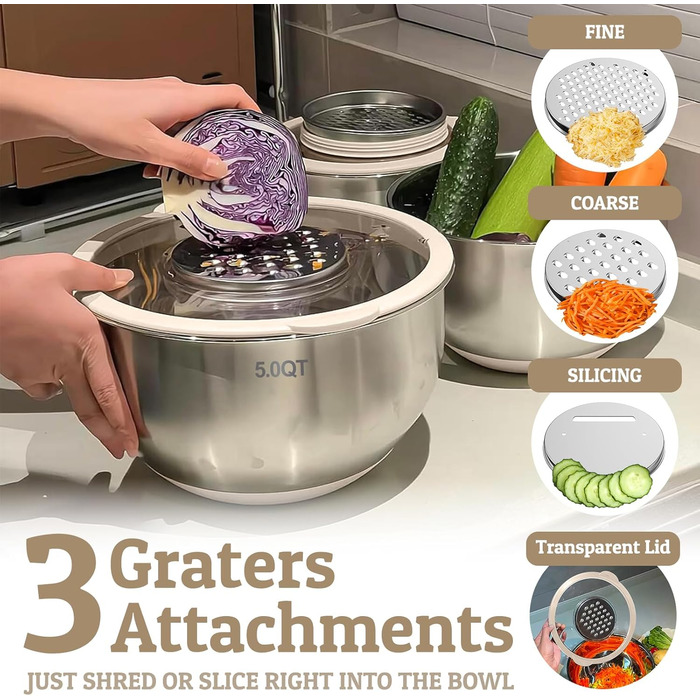 Набір мисок Deedro з прозорим кришкою (5 шт.) - 4.7L, 2.8L, 1.9L, 1.4L, 0.63L. Миски для салатів, приготування їжі, з нержавіючої сталі, бежеві. Нековзкі, стікні, миються в посудомийній машині, з терткою.